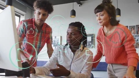 Vertical video: Seated man checking camera, media team leaning in while UI icons Video stock 333132782