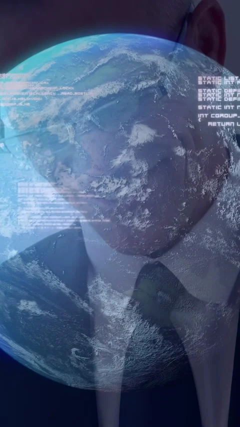 Vertical video: Seated man leaning while rotating globe revealing face and HUD Stock Footage 335513186