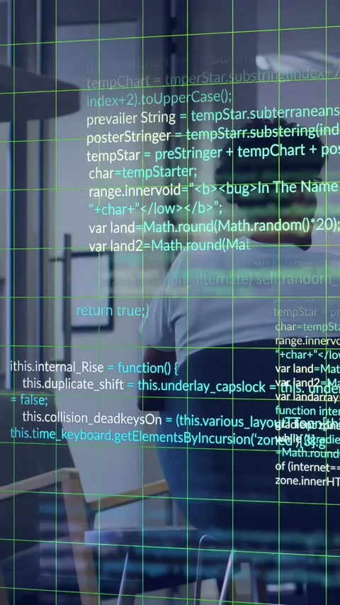 Vertical video: Seated man moving as system activating tech AR grid and code Stock Footage 333079805