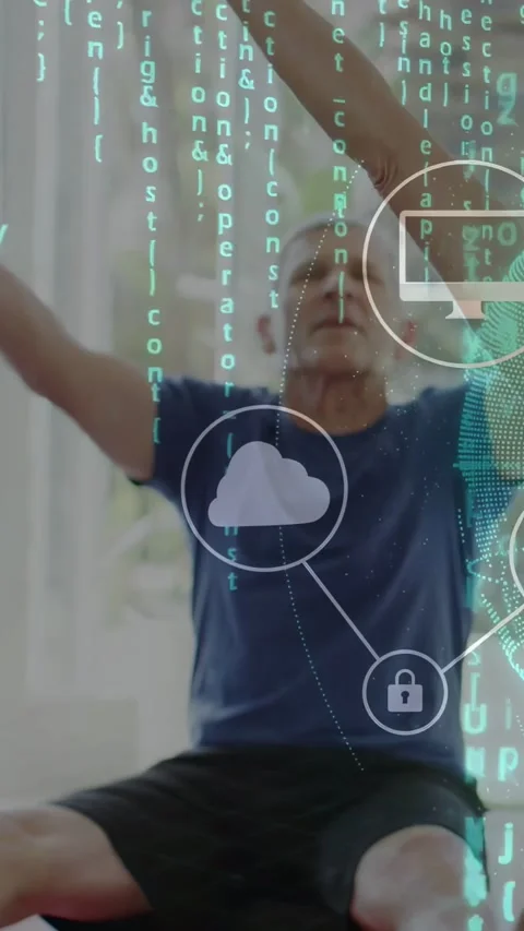 Vertical video: Seated man raising arms at home, motion causing cloud lock code Stock Footage 334046577