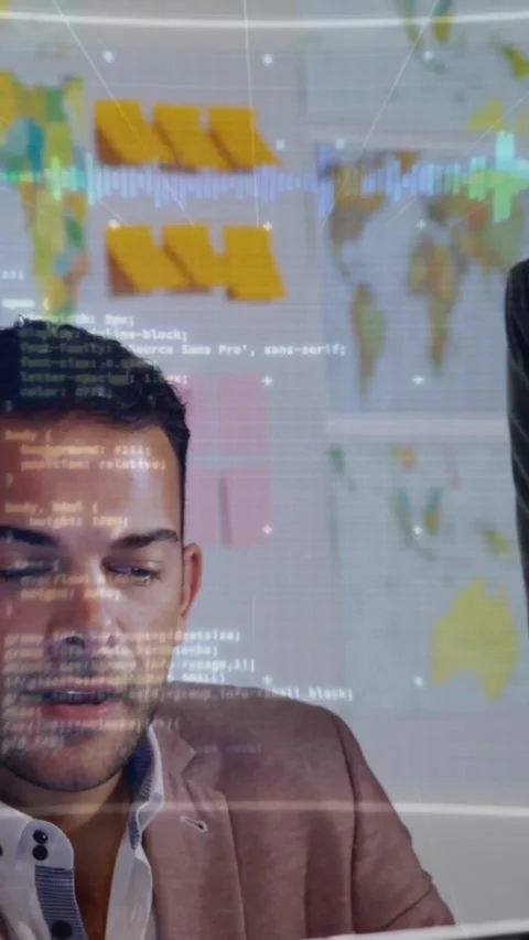 Vertical video: Seated man scanning as peer talking, reviewing business HUD over Vídeo Stock 334397362
