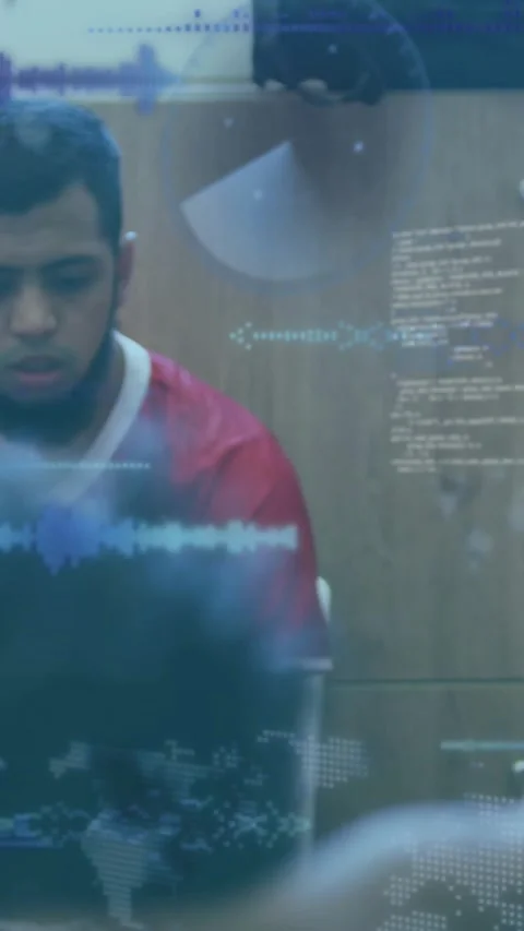 Vertical video: Seated man shifting gaze, speaking as tech overlays rising, Stock Footage 330769615