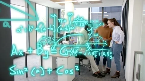 Vertical video: Seated man showing tablet colleagues reviewing tech math overlay Stock Footage 332732622