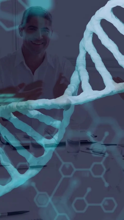 Vertical video: Seated man talking at desk, helix appearing, scrolling code Stock Footage 333109503