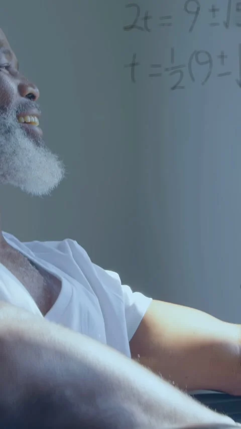 Vertical video: Seated man turning to glass, animated math overlays covering Stock Footage 335513872