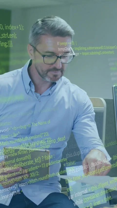 Vertical video: Seated man using tablet, taking pages from peer, causing code Stock Footage 330242421