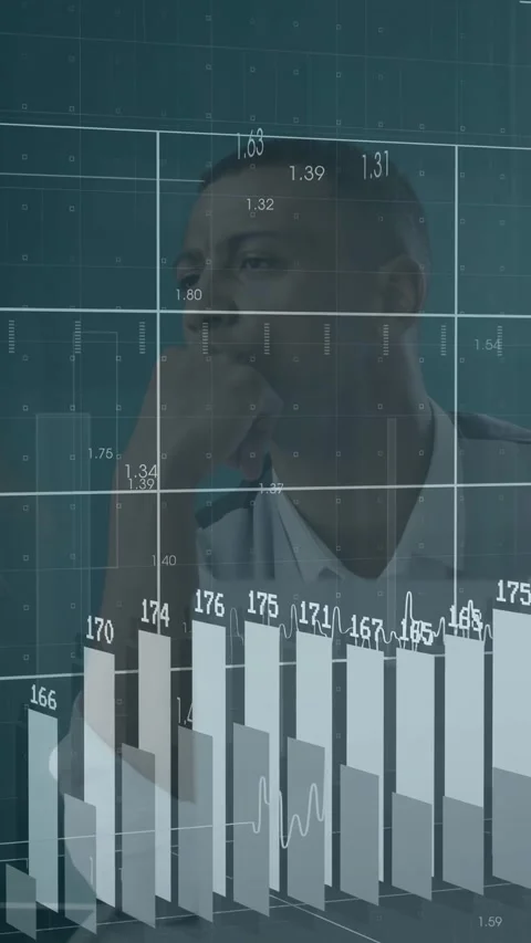 Vertical video: Seated man watching data starting while business 3D bars Stock Footage 333036797