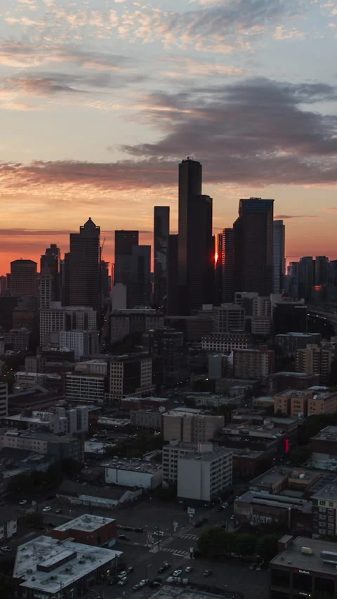 Vertical Video of Seattle, Vertical Aerial View Shot, sunset, sunrise Stock Footage 266595087