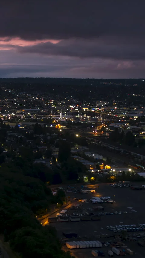 Vertical Video of Seattle, Vertical Aerial View Shot, night, evening Stock Footage 266595281