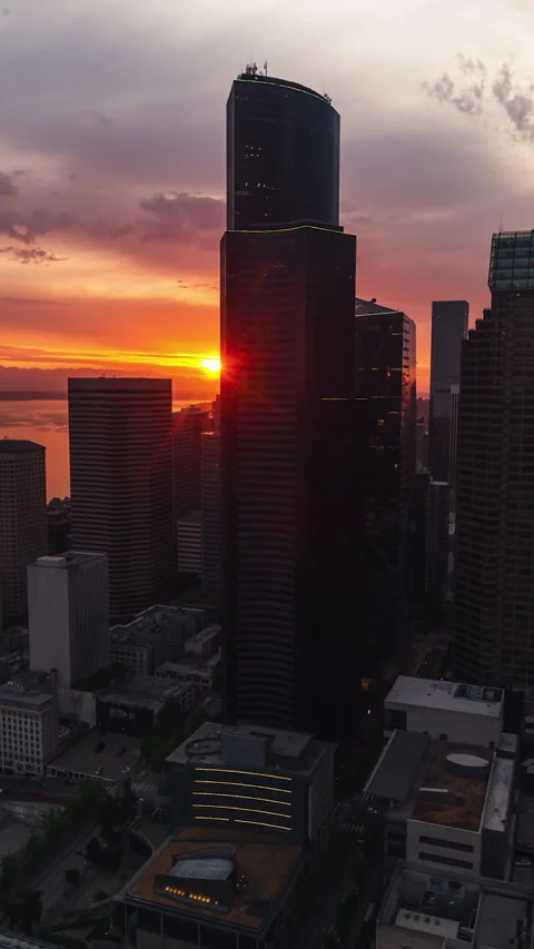 Vertical Video of Seattle, Vertical Aerial View Shot, sunset, sunrise Video stock 266595324