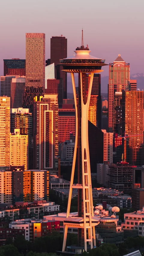 Vertical Video of Seattle, Vertical Aerial View Shot, sunset, sunrise Video stock 266596247
