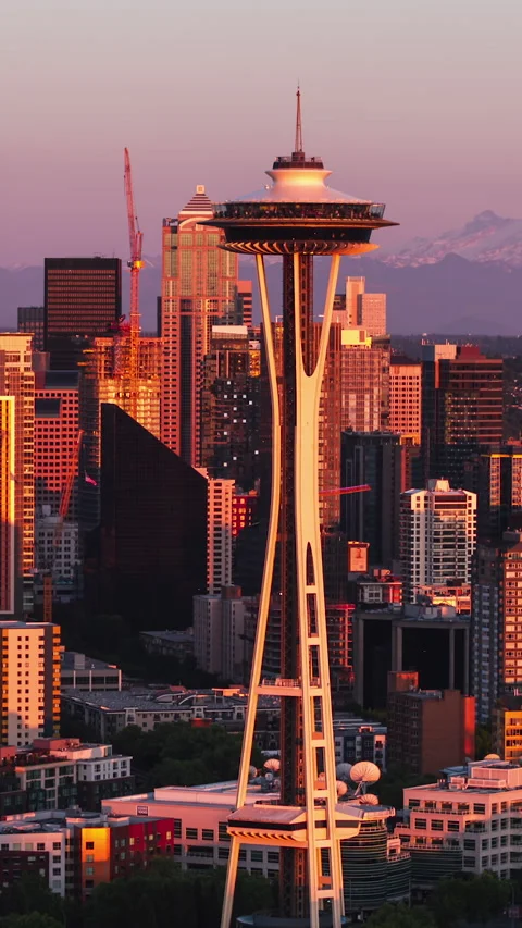 Vertical Video of Seattle, Vertical Aerial View Shot, sunset, sunrise Stock Footage 266596302