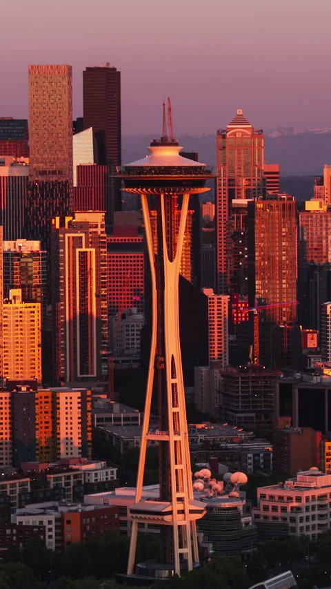 Vertical Video of Seattle, Vertical Aerial View Shot, sunset, sunrise Stock Footage 266596331