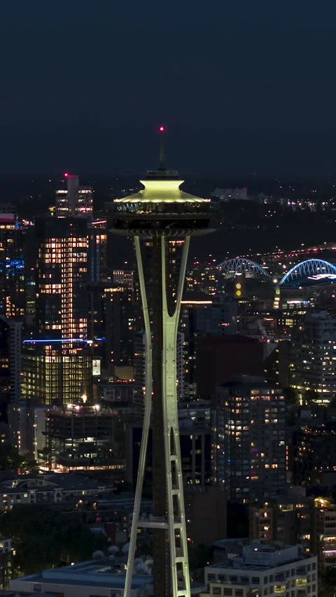 Vertical Video of Seattle, Vertical Aerial View Shot, night, evening Stock Footage 266600637