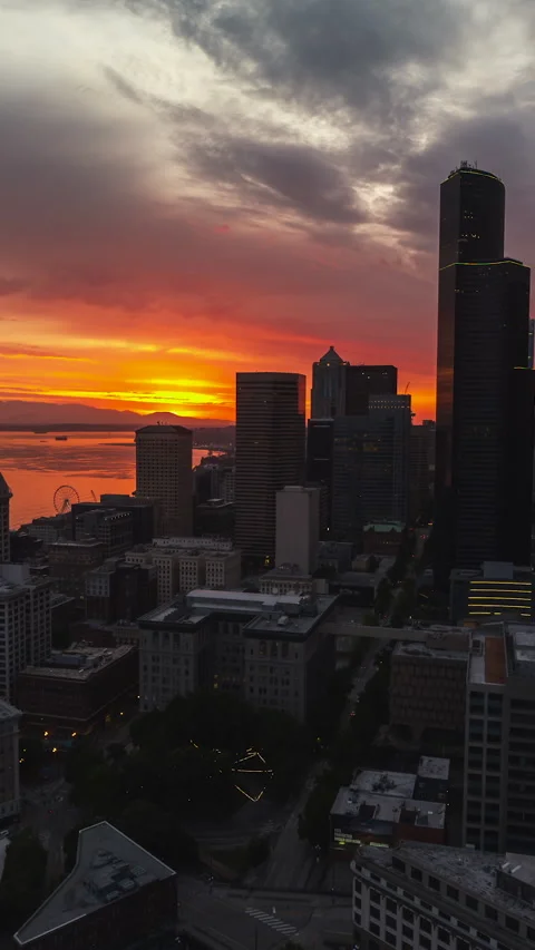 Vertical Video of Seattle, Vertical Aerial View Shot, sunset, sunrise Stock Footage 266601073