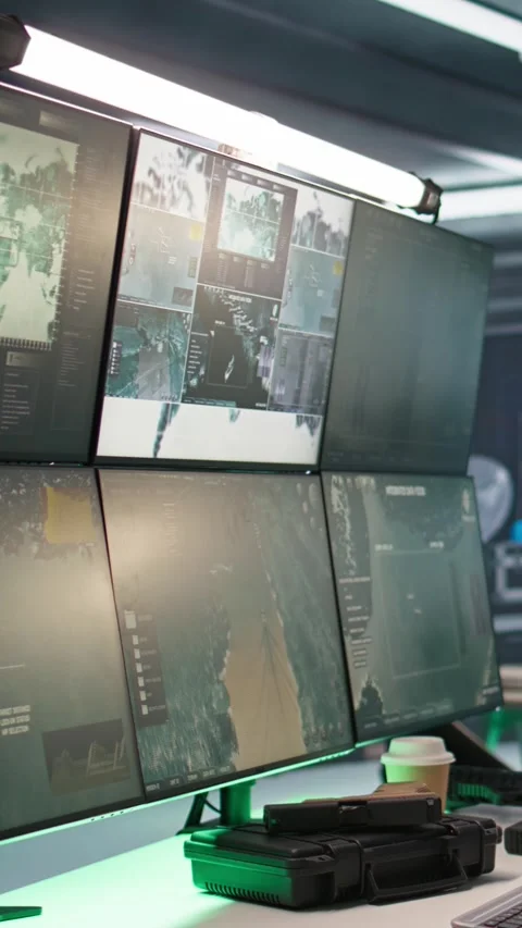 Vertical video Secure room in army governmental facility used for surveillance Stock Footage 281974868