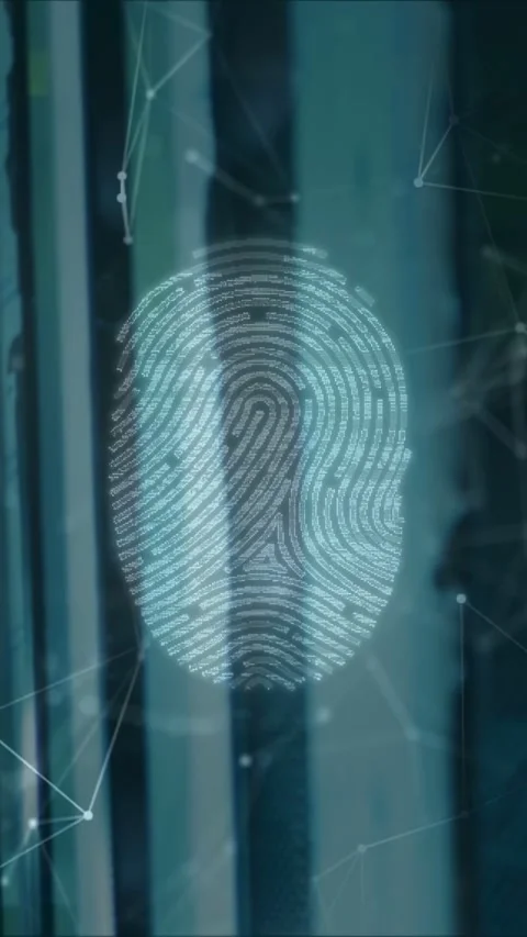 Vertical video: Security starting cyan fingerprint scanning over slats UI, Stock Footage 332806361