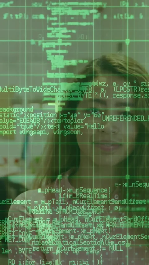 Vertical video: Seeing green code overlay, woman wearing pink top laughing at Stock Footage 331181887