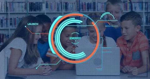 Vertical video: Seeing HUD marker, six kids leaning pointing at laptop by 動画素材 331161575