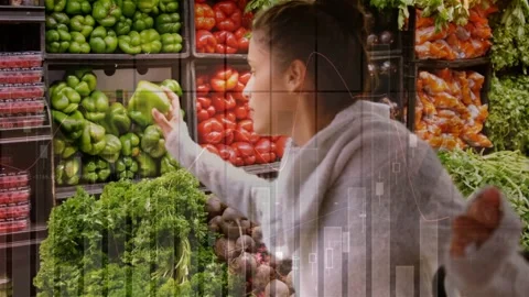 Vertical video: Seeing shelf, lady reaching green pepper, turning and testing Stock Footage 333105310