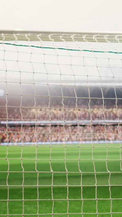 Vertical Video Selective focus of goal net rope and side post filling foreground Stock Footage 338046663