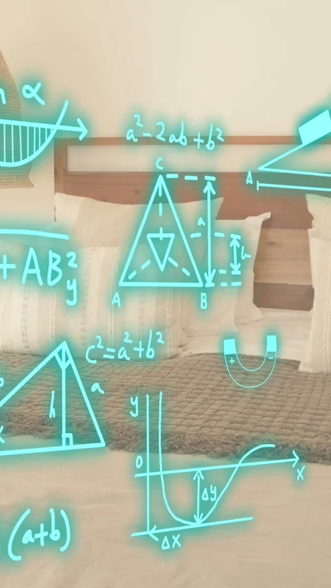 Vertical video: Semicircle appearing bed hosting cyan graphs equations flasks Stock Footage 332775877
