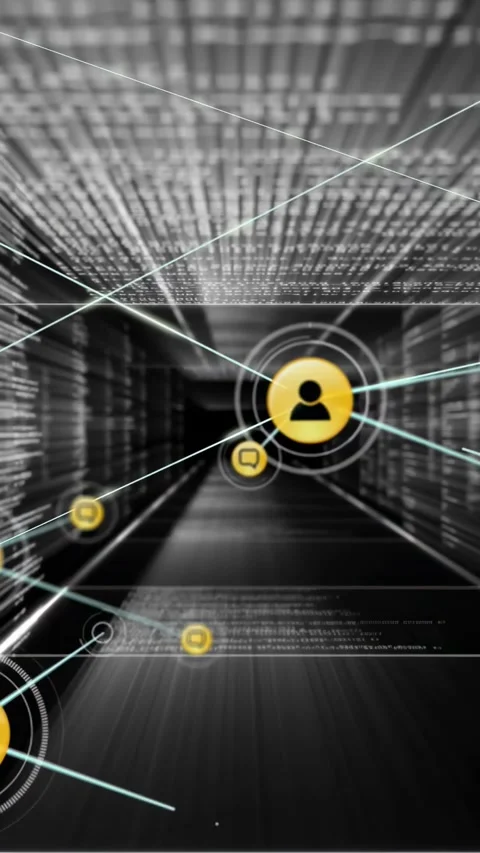 Vertical video: Sending central user node emitting cyan links in data tunnel 動画素材 331215337