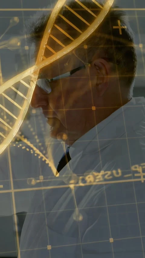 Vertical video: Senior doc lifting device, reading data as DNA helix crossing Stock Footage 332598346