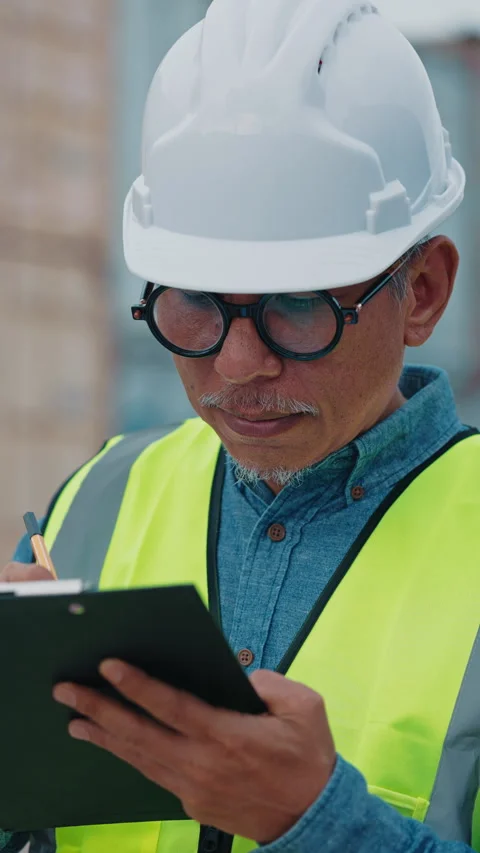 Vertical Video. Senior Engineer Making Notes In Notebook Using Pen, Dressed In Stock Footage 308073955