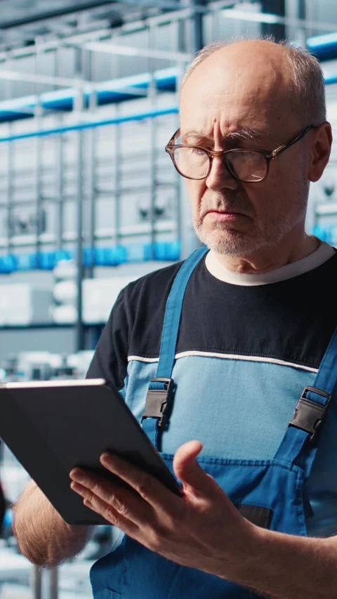 Vertical video Senior engineer in smart factory rigorously testing automated Stock Footage 306045962