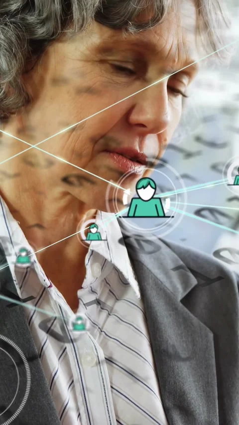 Vertical video: Senior exec watching user icon forming on lapel, mapping tech Stock Footage 330260455