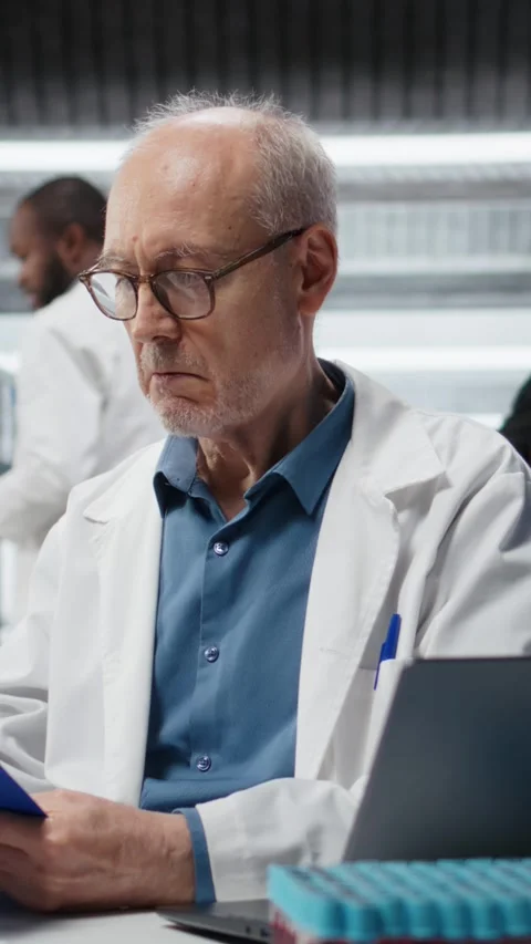 Vertical video Senior lab professional conducting research, taking notes Stock Footage 325681162