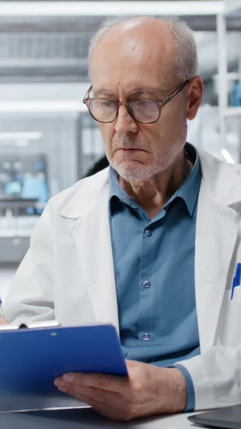 Vertical video Senior lab professional conducting research, taking notes Stock Footage 325747679