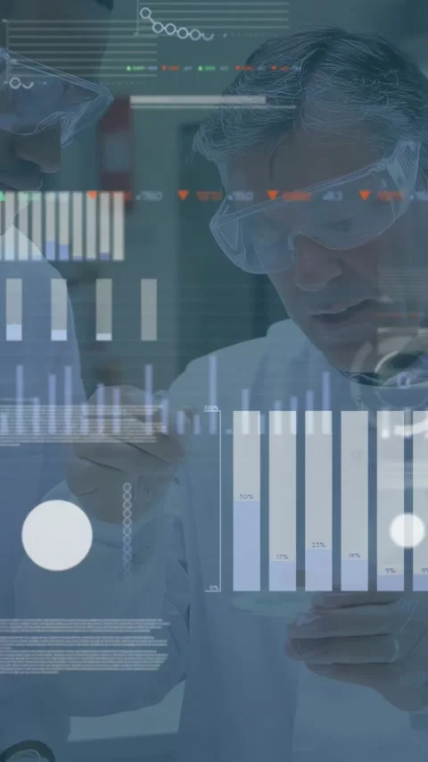 Vertical video: Senior lab scientist testing sample with pipet, tech watching, Stock Footage 331077503