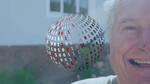 Vertical video: Senior man entering causing 01 orb rotating nearing cam evoking Stock Footage 332614319