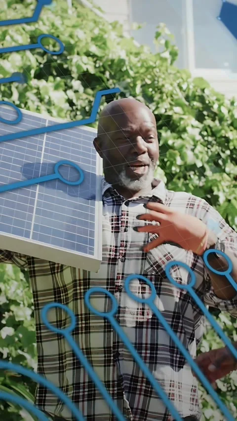 Vertical video: Senior man installing solar panel helper reaching in blue Stock Footage 333978114