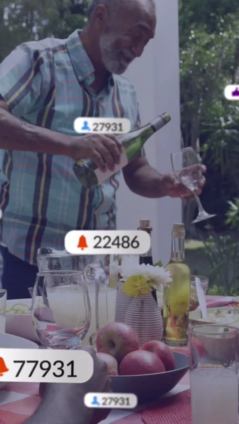 Vertical video: Senior man lifting bottle filling glass serving food as icons Stock Footage 331291543