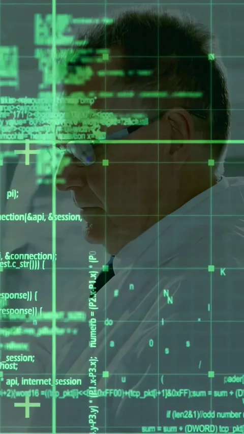 Vertical video: Senior man lowering pen, cam panning, code grid aligning around Stock Footage 330358898
