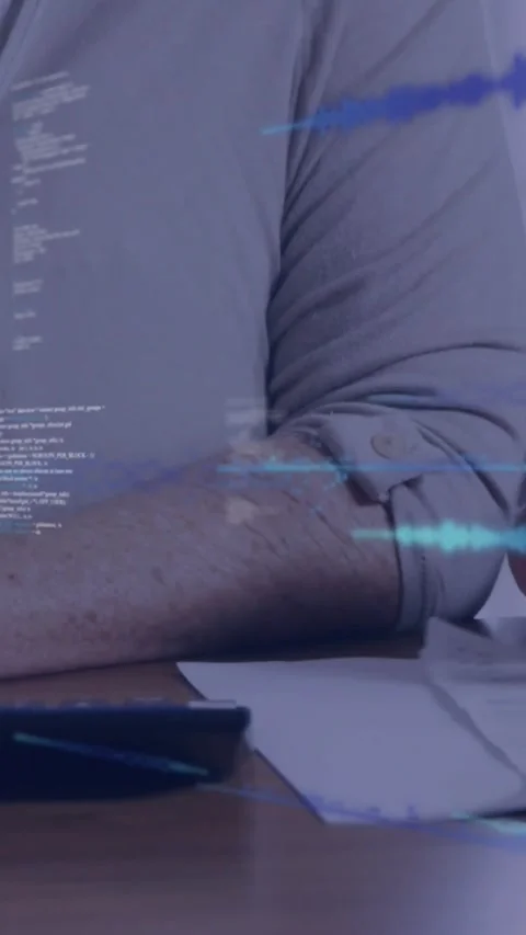 Vertical video: Senior man tapping device, noting docs on desk as blue overlay Stock Footage 328398168