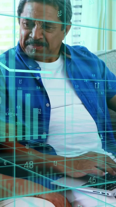 Vertical video: Senior man tapping pad on sofa partner glancing teal chart Stock Footage 333821299