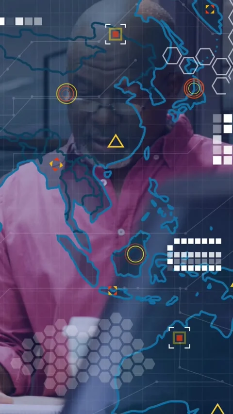 Vertical video: Senior man tapping screen and analyzing business data overlay Stock Footage 334317969