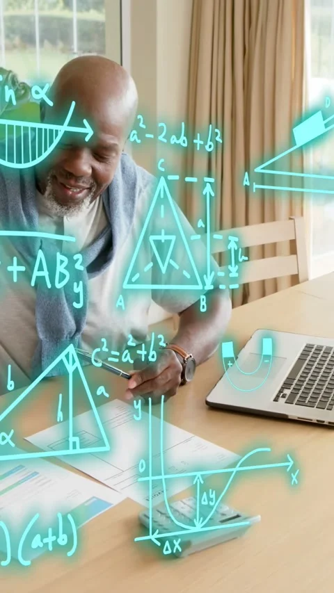 Vertical video: Senior man tapping calculator as math diagrams rising over desk Stock Footage 335513773