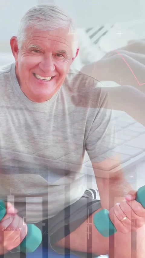 Vertical video: Senior man upon lifting teal weights, curling for health as Stock Footage 334396824