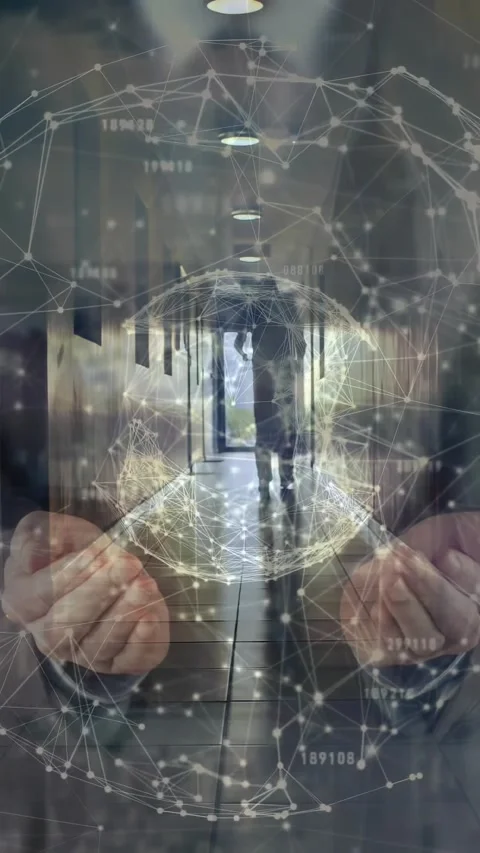 Vertical video: Senior man walking hall toward exit cupped hands sparking tech Video stock 333235895