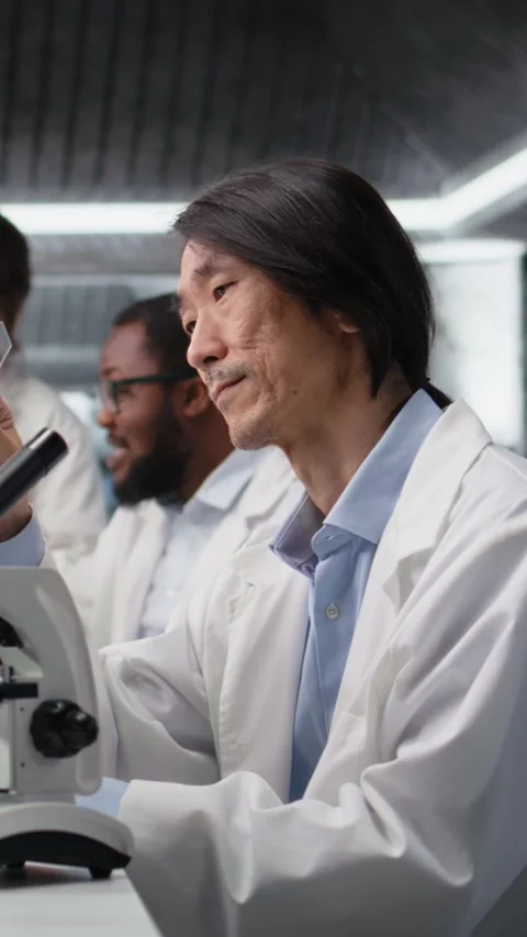 Vertical video Senior microscopist examining microscope glass slide in Stock Footage 319505802