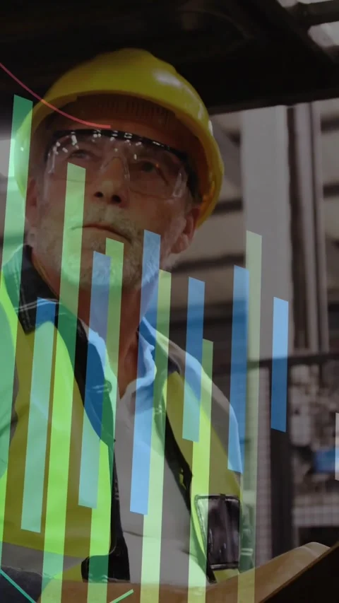 Vertical video: Senior operator checking machine, causing animated bars showing Video stock 331738654