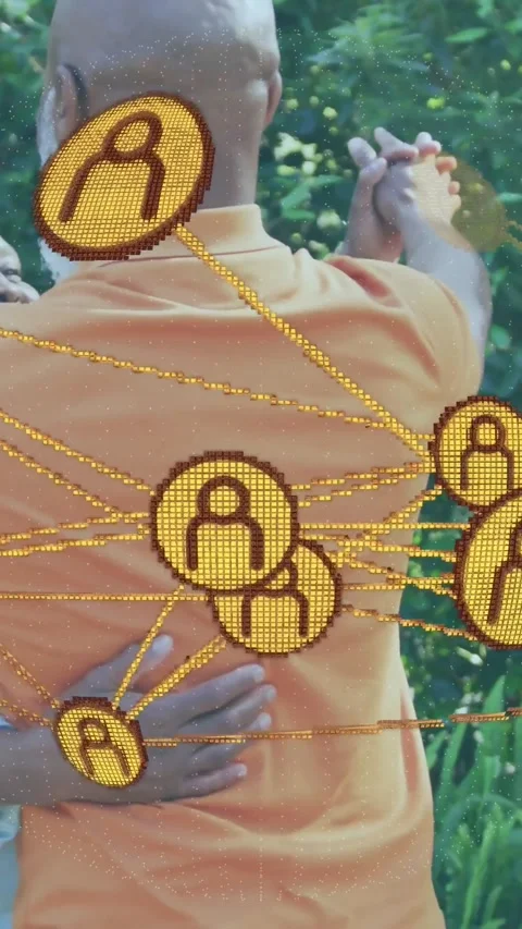 Vertical video: Senior pair embracing as camera pulling back, golden nodes Stock Footage 332278182