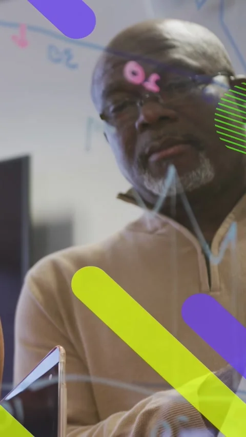 Vertical video: Senior pro glancing at phone, reading glass marks while dots 動画素材 333556121