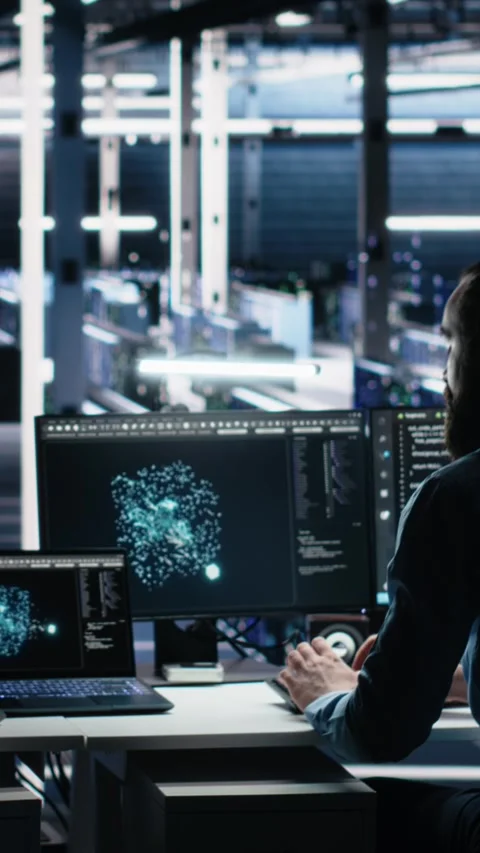 Vertical video Senior programmer and coworker in data center coding with Stock Footage 313456756