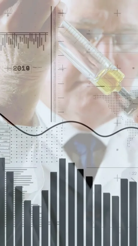 Vertical video: Senior scientist pipetting sample sparking charts animating Stock Footage 334386162